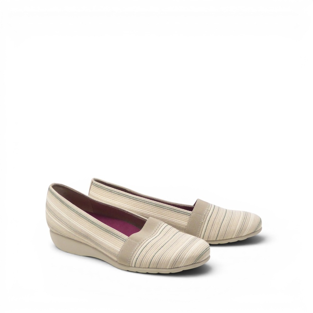 Munro Women Bonita Beige Striped Fabric Slip On Walking Wedge Shoes Size 9 M